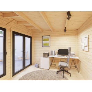 Innenansicht: Palmako Holz-Gartenhaus mit Pultdach, unbehandelt, als Büro eingerichtet.