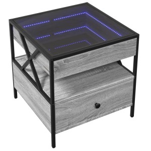 Quadratischer Couchtisch Grau Sonoma mit Infinity-LED-Effekt und Schublade.