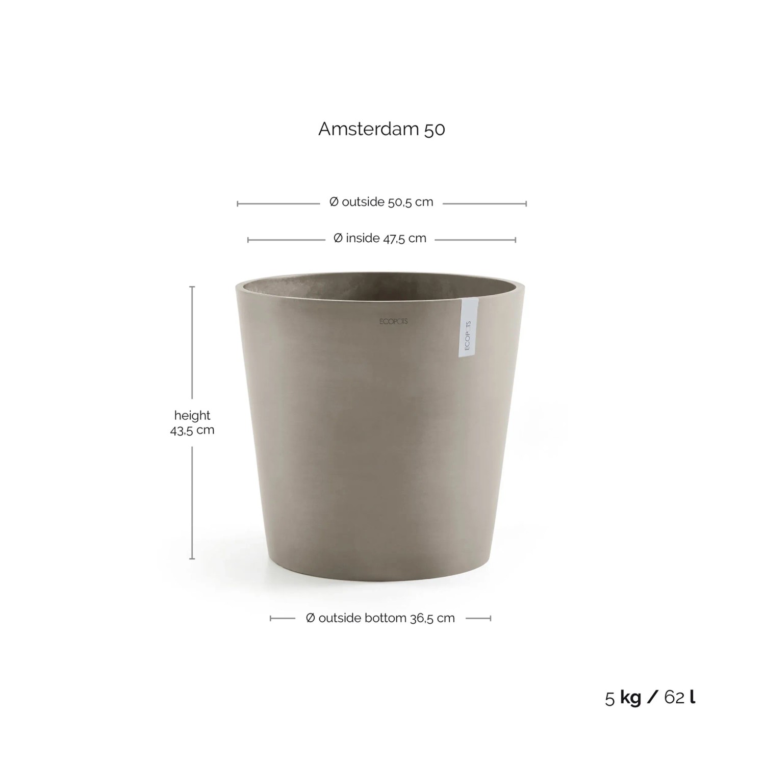 Braungrauer Ecopots Pflanztopf Amsterdam, 50 cm, ideal für Innen- und Außenbereich.