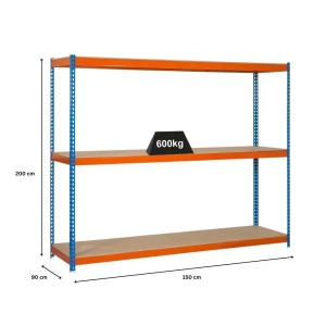 PROREGAL Schwerlastregal Wood Beast, 200x150x90 cm, 3 Ebenen, blau-orange. Fachlast 600 kg.
