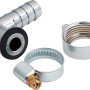 Schlauchverbinder 12,5 mm x 24,1 mm (G 3/4) aus Chrom, bestehend aus Tülle, Verschraubung und Schelle.