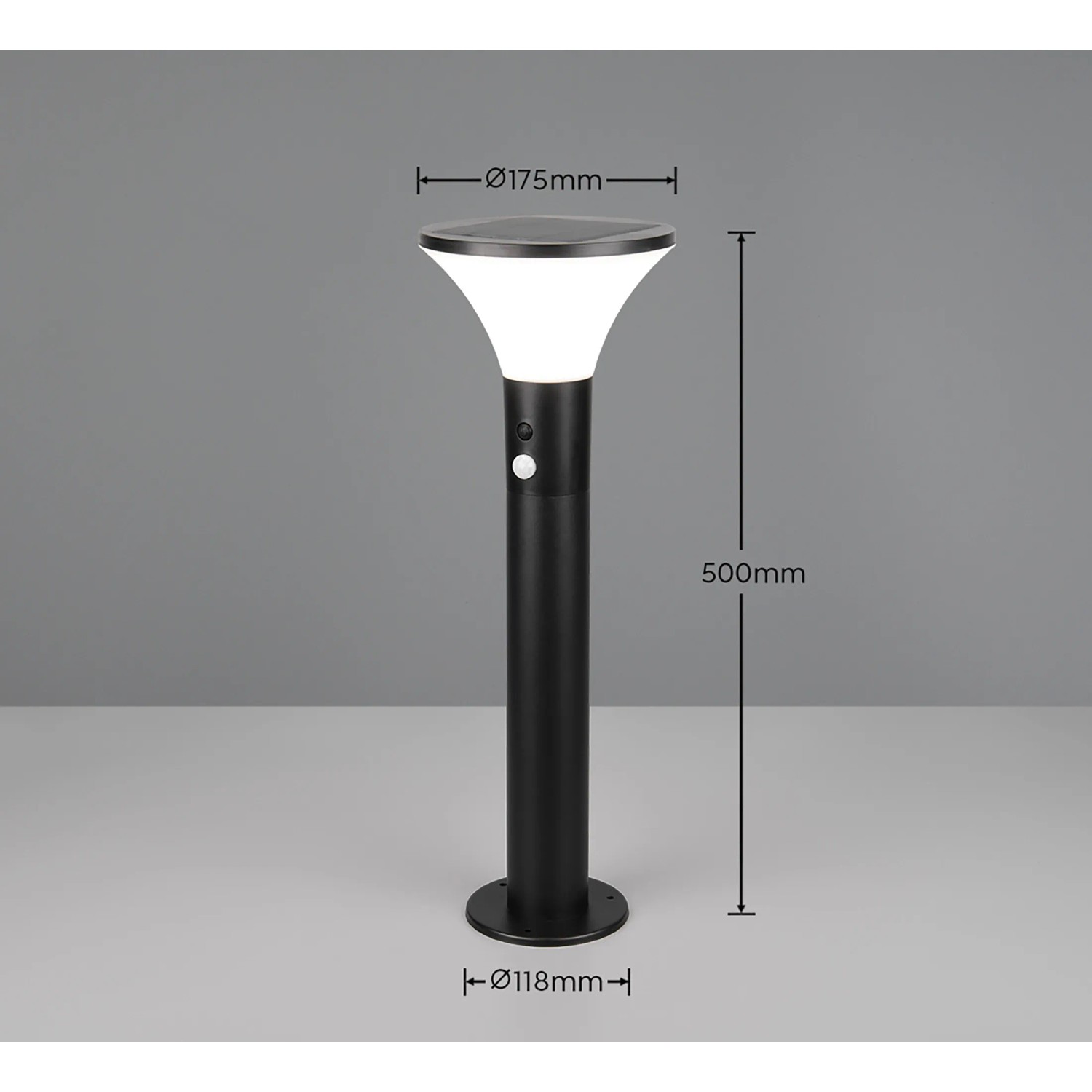 Schwarze Reality LED Solar-Wegeleuchte Gorda mit Bewegungsmelder, 50 cm hoch.