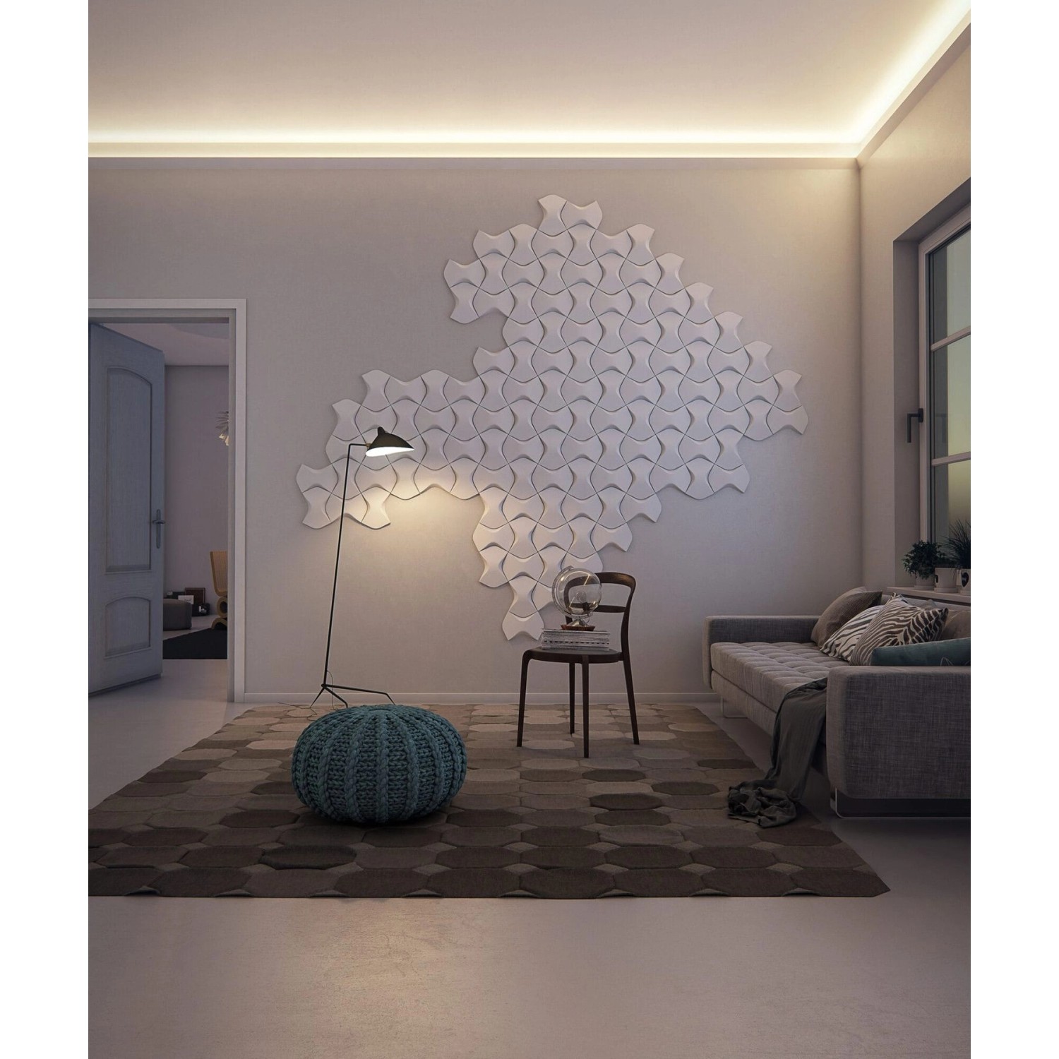 Wohnraum mit grauen NOEL & MARQUET NMC IL4-Box WALLSTYL Eckleisten als indirekte Beleuchtung.