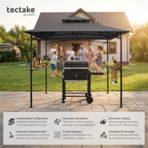Anthrazitfarbener Tectake Grillpavillon Maracaibo mit Doppeldach und Ablagen.