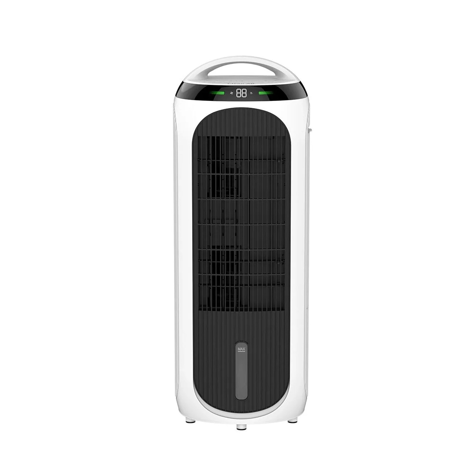 Weißer Clean Air Optima CA106 Smart 4in1 Turm-Luftkühler mit schwarzem Gitter, Display und Griff.