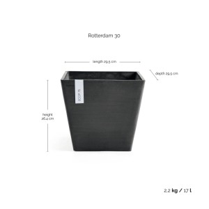 Quadratischer, dunkelgrauer Ecopots Pflanztopf Rotterdam 30 cm. Ideal für Innen- und Außenbereich.