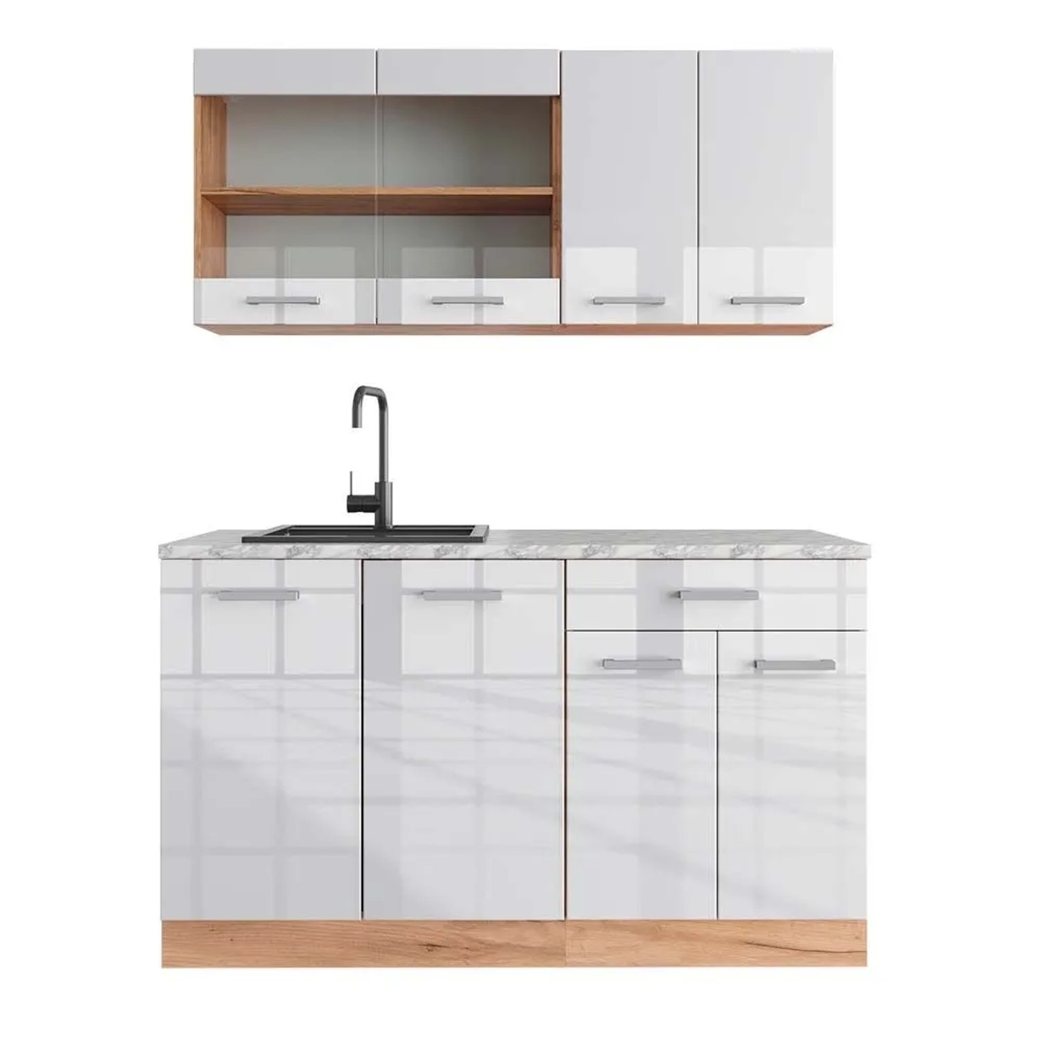 Vicco R-Line Singleküche Weiß Hochglanz Goldkraft Eiche 140 cm AP Marmor ohne E-Geräte