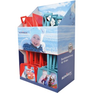 SONNECK Kinder Schneeschieber Bambini, verschiedene Designs im Verkaufsdisplay.