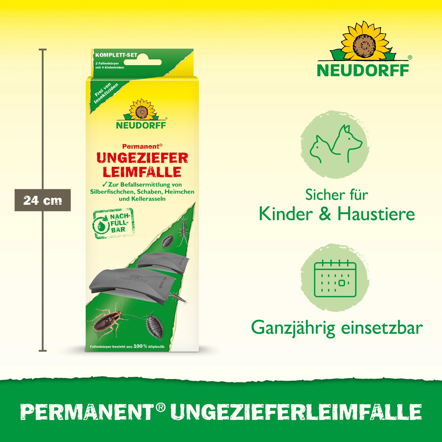 Neudorff Permanent Ungezieferleimfalle zur Schädlingsbekämpfung, Komplett-Set mit Klebeflächen.