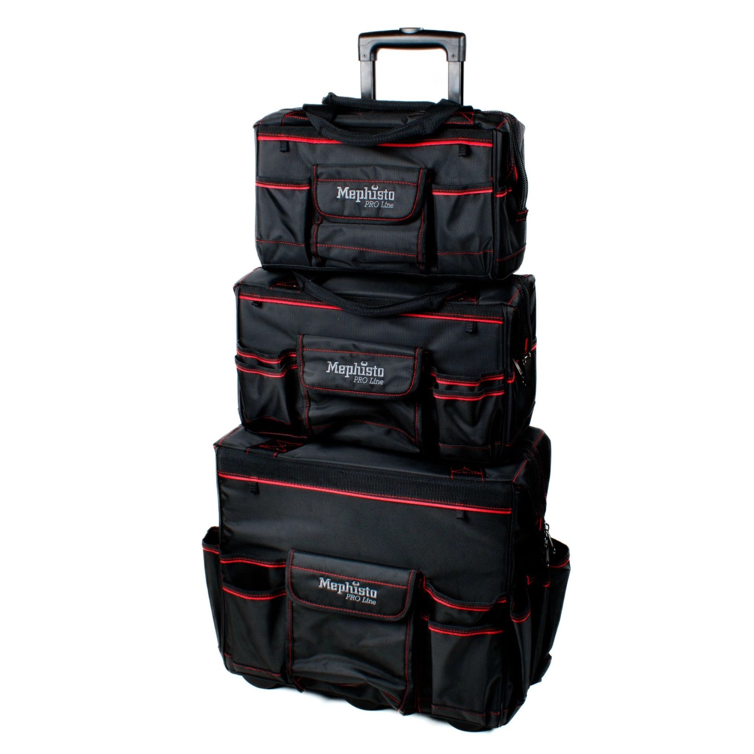 Mephisto Werkzeugtrolley Nova mit drei abnehmbaren, schwarzen Werkzeugtaschen und Teleskopgriff.