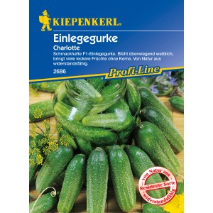 Samenpackung Einlegegurke Charlotte F1 mit Gurken und Glas im Hintergrund.