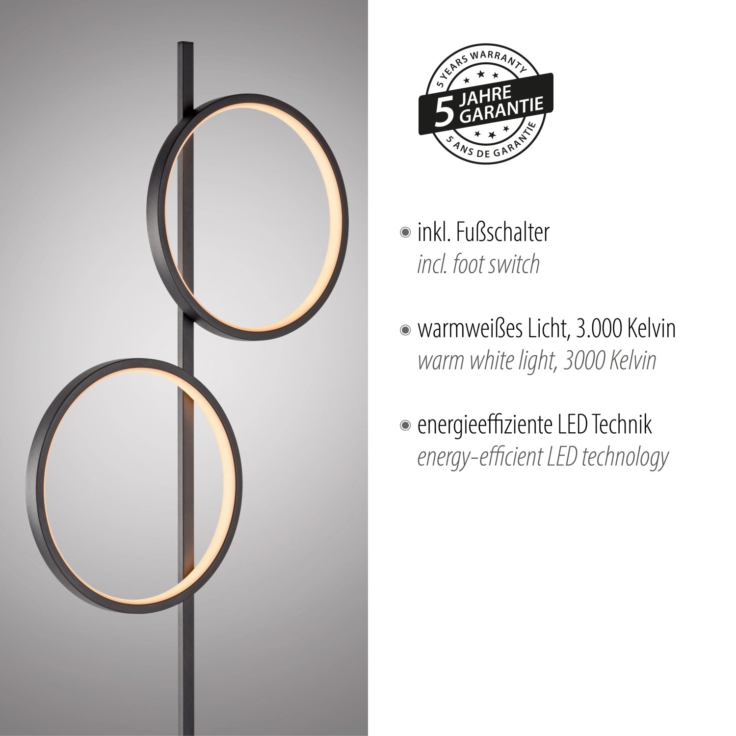 Schwarze Just Light Stehleuchte Mini Ritus mit zwei runden LED-Leuchten.