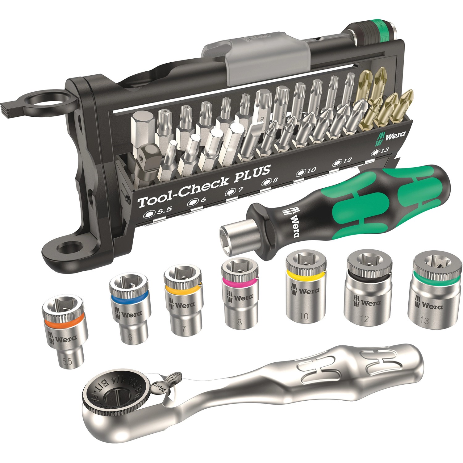 Wera Bit-Set Tool-Check Plus, 39-teilig, mit Bits, Nüssen, Ratsche und Handhalter im Set.
