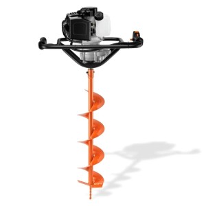 FUXTEC Benzin Erdbohrer FX-EB143ECO mit schwarzem Motor, weißem Tank und orangefarbenem Bohrer für Garten & Bau.