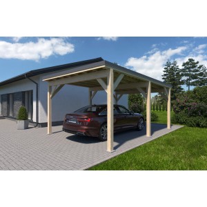 Holzbrüder Einzelcarport Ralf Natur mit dunkelgrauem Blechdach und Auto.