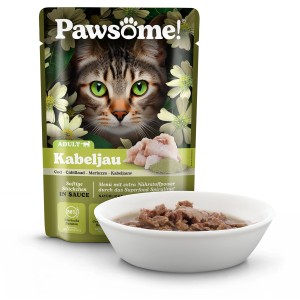 Pawsome Katzen-Nassfutter Adult Kabeljau, 85g Packung mit Schale. Nassfutter mit Kabeljau.