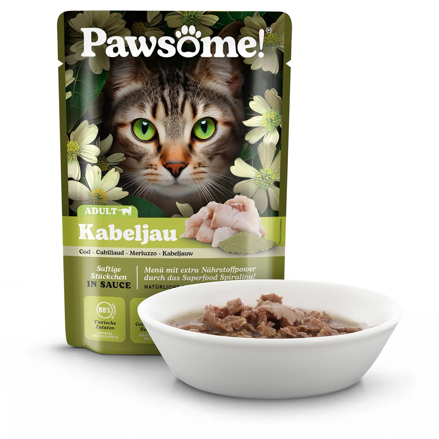 Pawsome Katzen-Nassfutter Adult Kabeljau, 85g Packung mit Schale. Nassfutter mit Kabeljau.