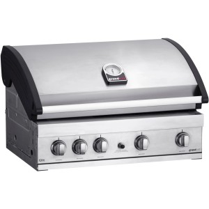 Grandhall Einbau-Gasgrill Elite G4 aus Edelstahl mit Thermometer und vier Reglern.