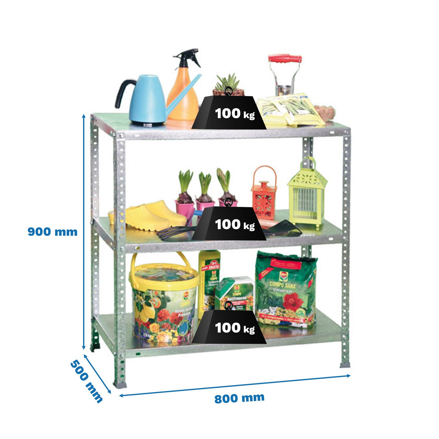 Verzinktes PROREGAL Schraubregal Panda Mini, 90x80x50 cm, mit drei Fachböden und diversen Gegenständen.