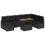Schwarzes 9-teiliges Garten-Sofa Set aus Poly Rattan mit Tisch und Kissen.