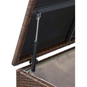 Geöffnete braune Kissenbox Davenport XXL aus Polyrattan mit Gasdruckfeder.
