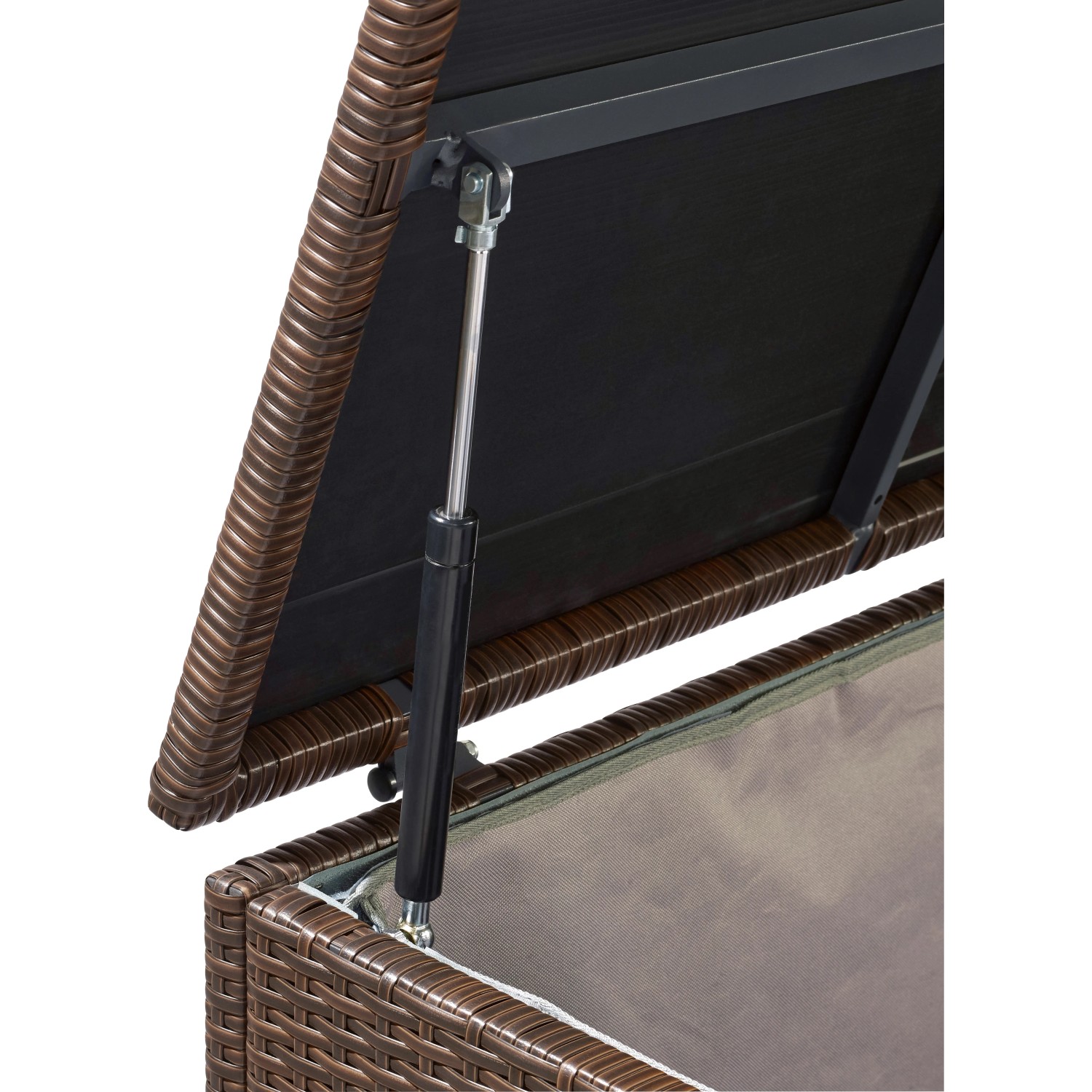 Geöffnete braune Kissenbox Davenport XXL aus Polyrattan mit Gasdruckfeder.