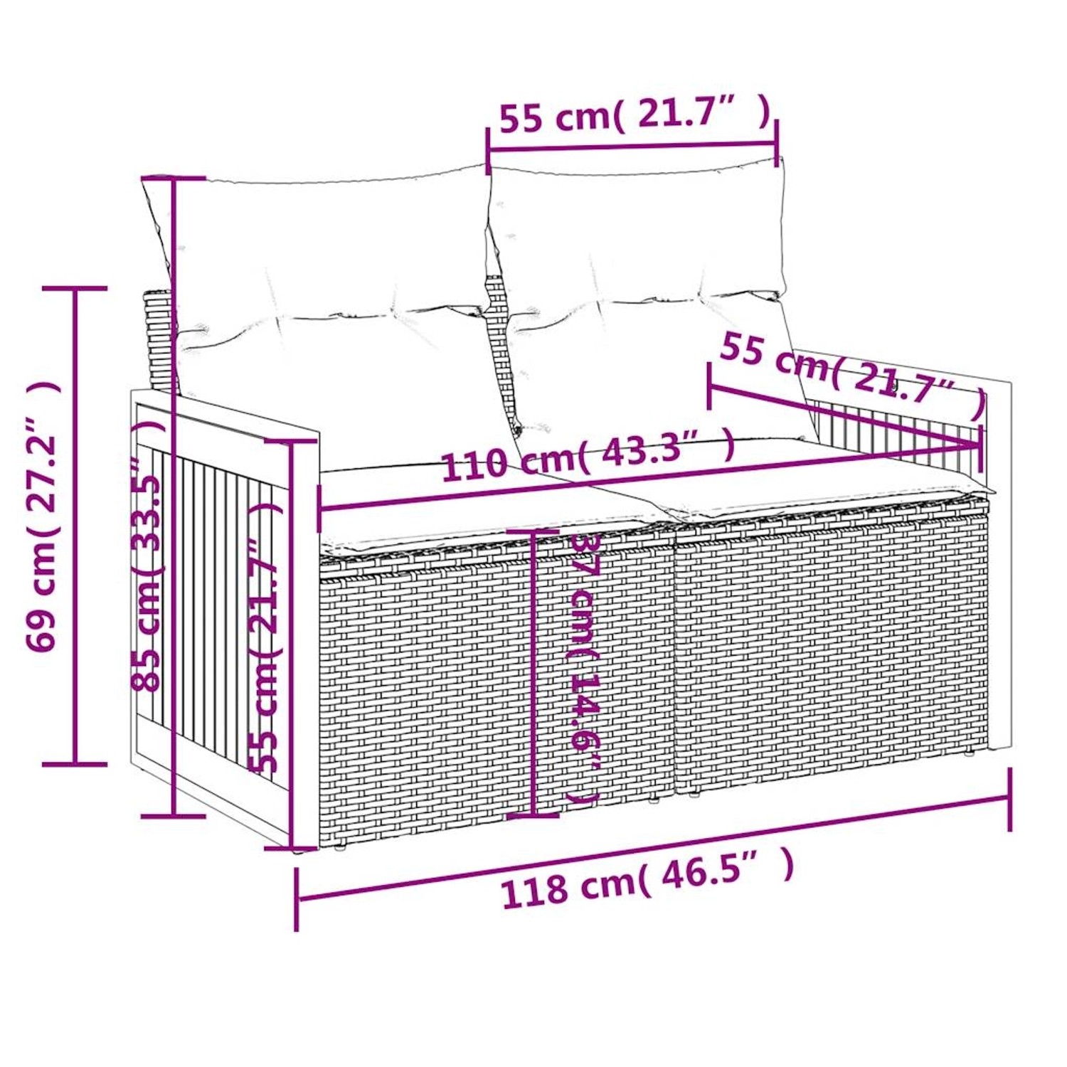 vidaXL Garten-Sofagarnitur, 7-teilig, beige Poly Rattan, mit Maßangaben.