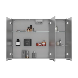 Offener Jokey Spiegelschrank DekorALU, alufarben, 100 cm breit, mit Glasböden und Badutensilien.