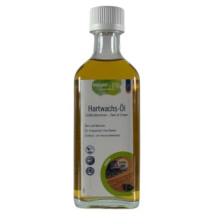 Farblose Biopin Hartwachs-Öl Flasche (0,25 l) für Holzoberflächen im Innenbereich.