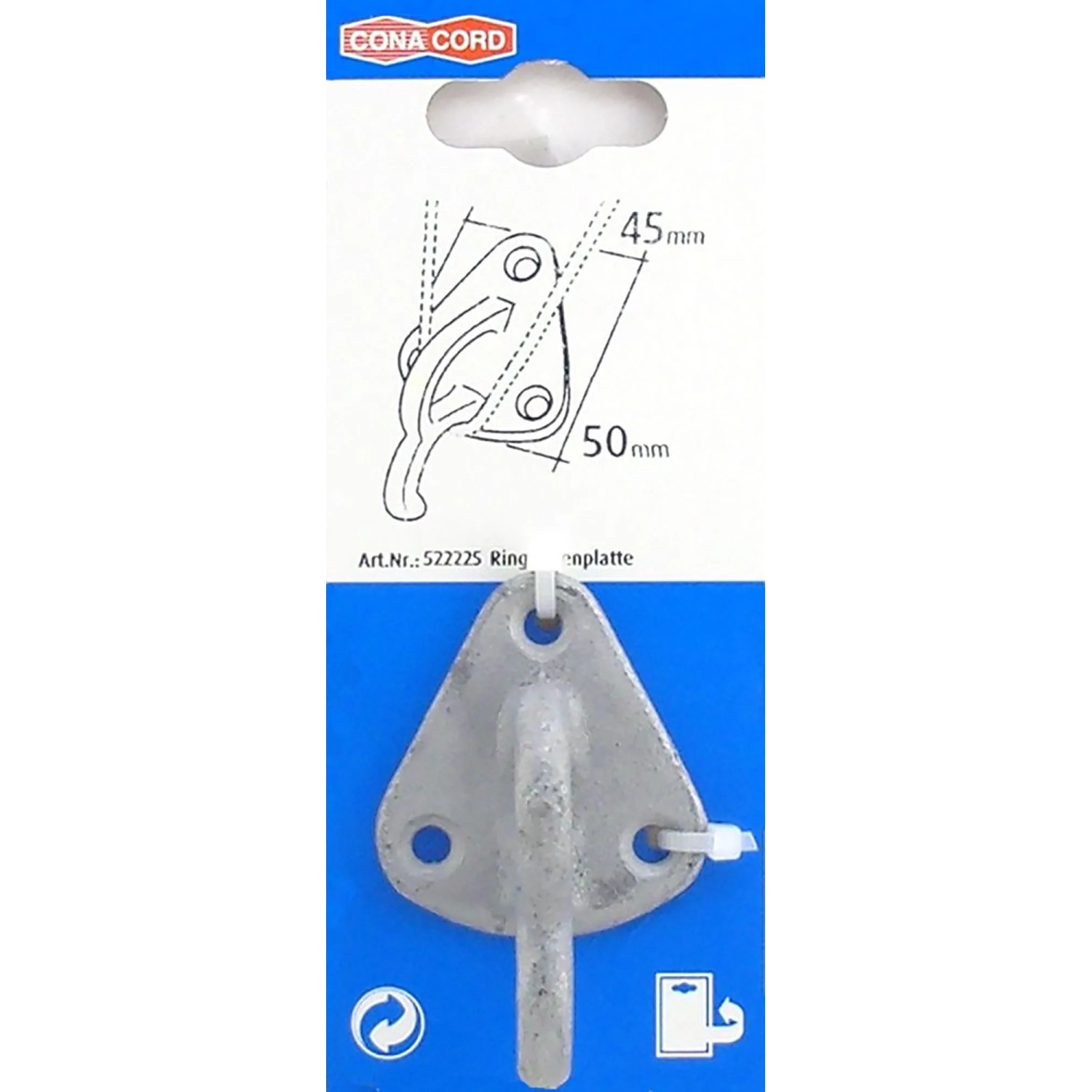 Conacord Ringhakenplatte aus Stahl, 50 mm, zur Befestigung von Seilen und Ketten.