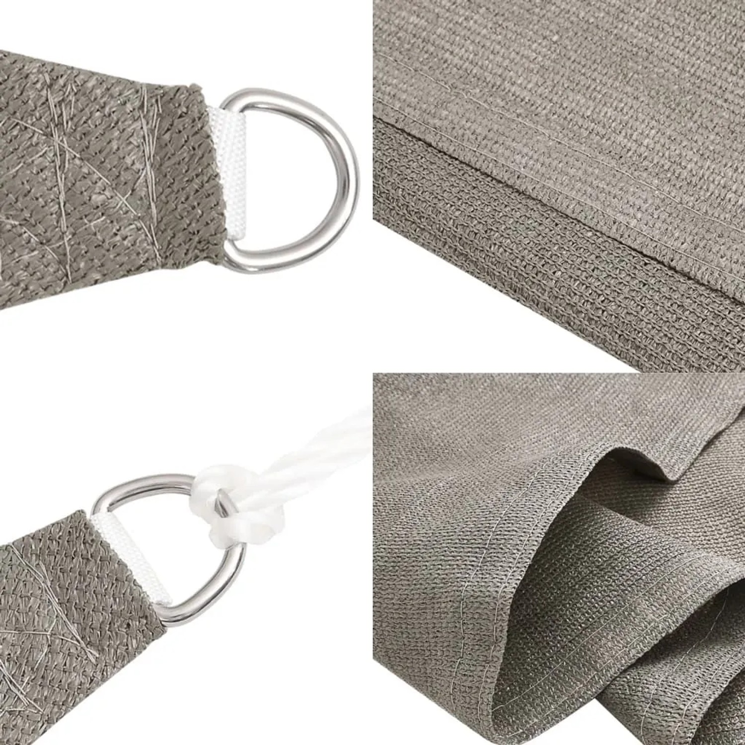 Hellgraues rechteckiges Sonnensegel aus HDPE, Nahaufnahme von gewebtem Material, D-Ring und Seil.