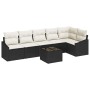 Schwarzes 7-teiliges vidaXL Garten-Sofa-Set aus Poly Rattan mit Tisch und cremefarbenen Kissen.