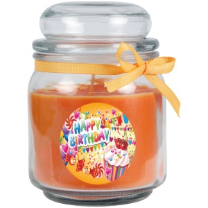 HS Candle Duftkerze im Glas mit Geburtstagsmotiv, Duft Honigmelone Orange.