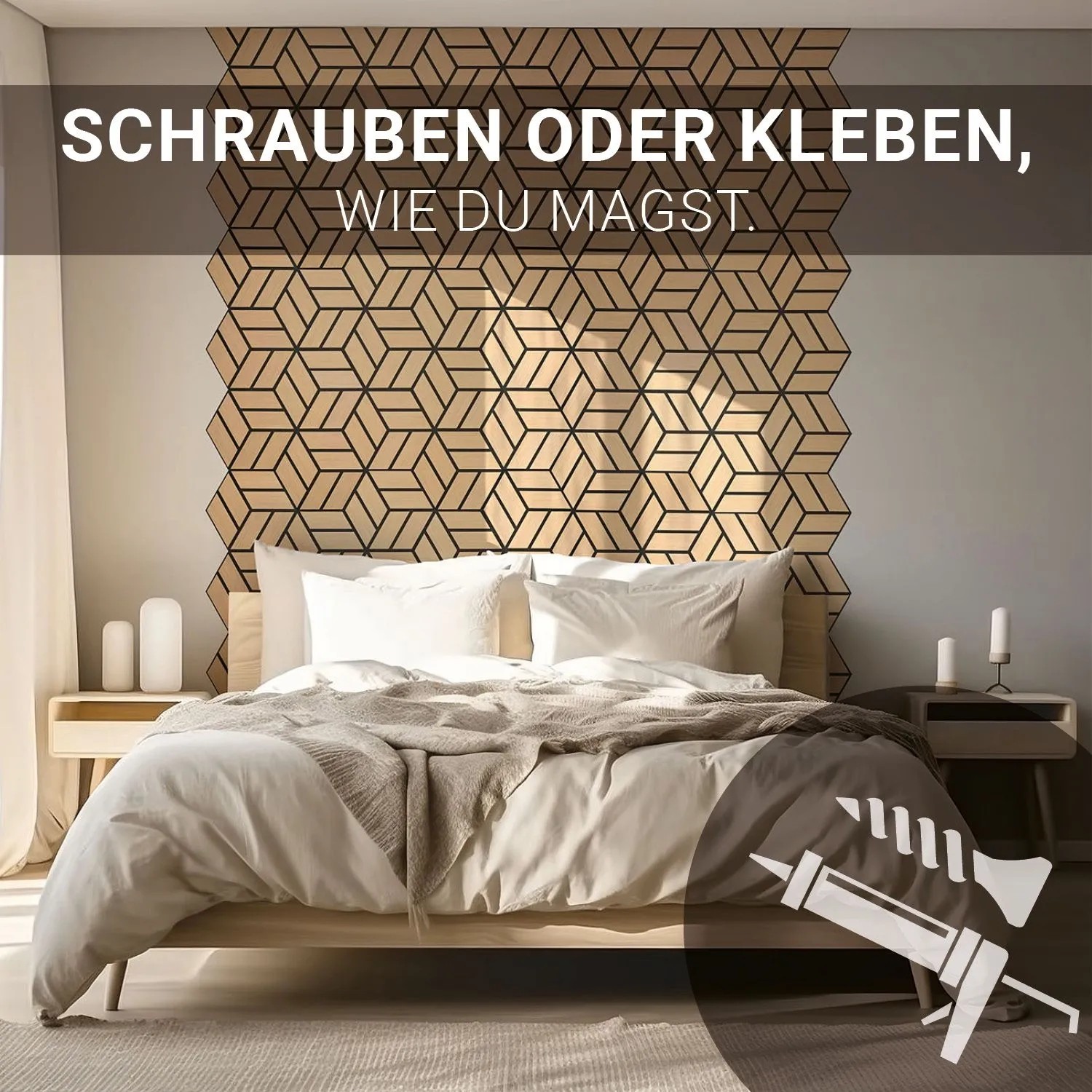 Hexagonale Akustikpaneele in Holzoptik an Schlafzimmerwand, Montage mit Schrauben oder Kleben. Schallschutz.