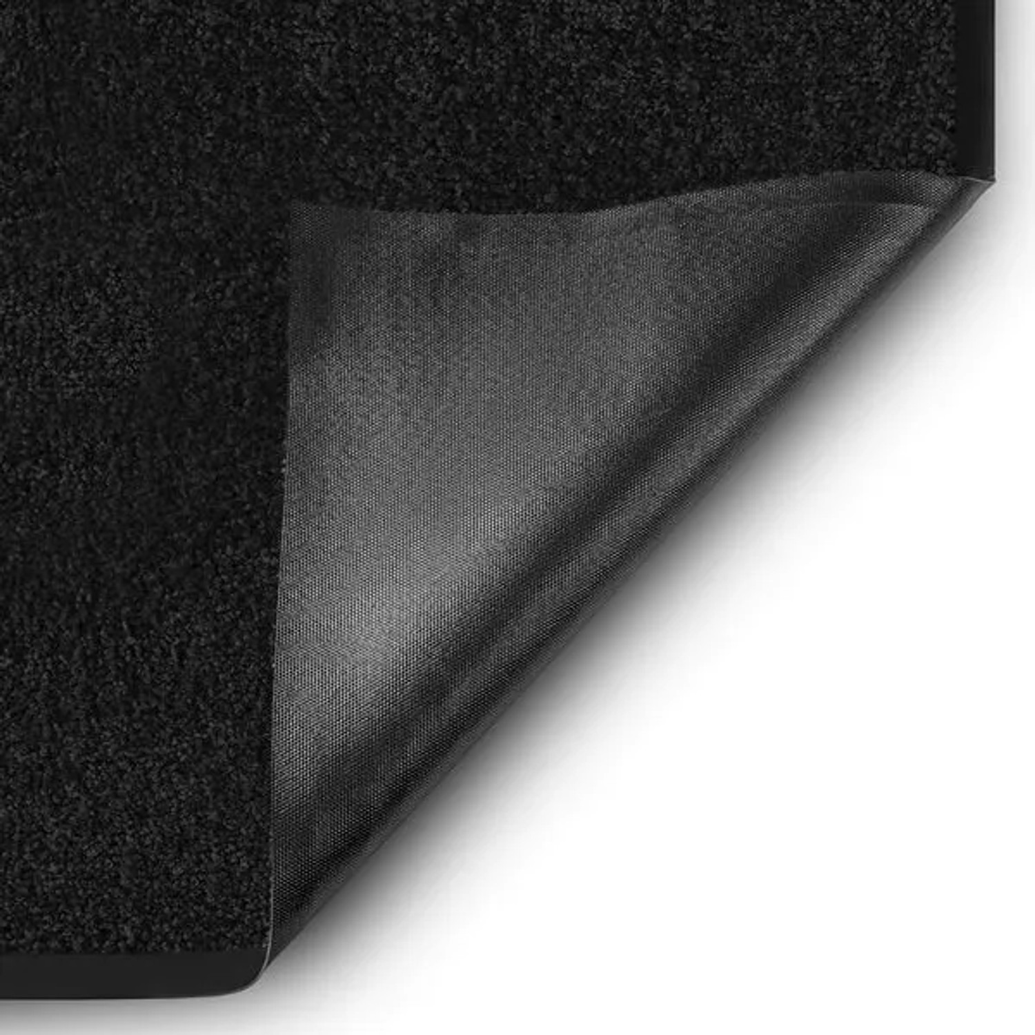 Schwarze Karat Schmutzfangmatte Rhine (200x300 cm) mit aufgerollter Ecke, die die Vinyl-Rückseite zeigt.