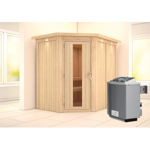 Karibu Sauna-Set Cleo mit Ofen und Dachkranz, aus naturbelassener Fichte. Elementsauna mit Glastür und Saunaofen.