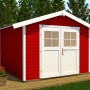 Weka Gartenhaus 122, rot lasiert mit Satteldach und Doppeltür. Holz-Gartenhaus für den Garten.