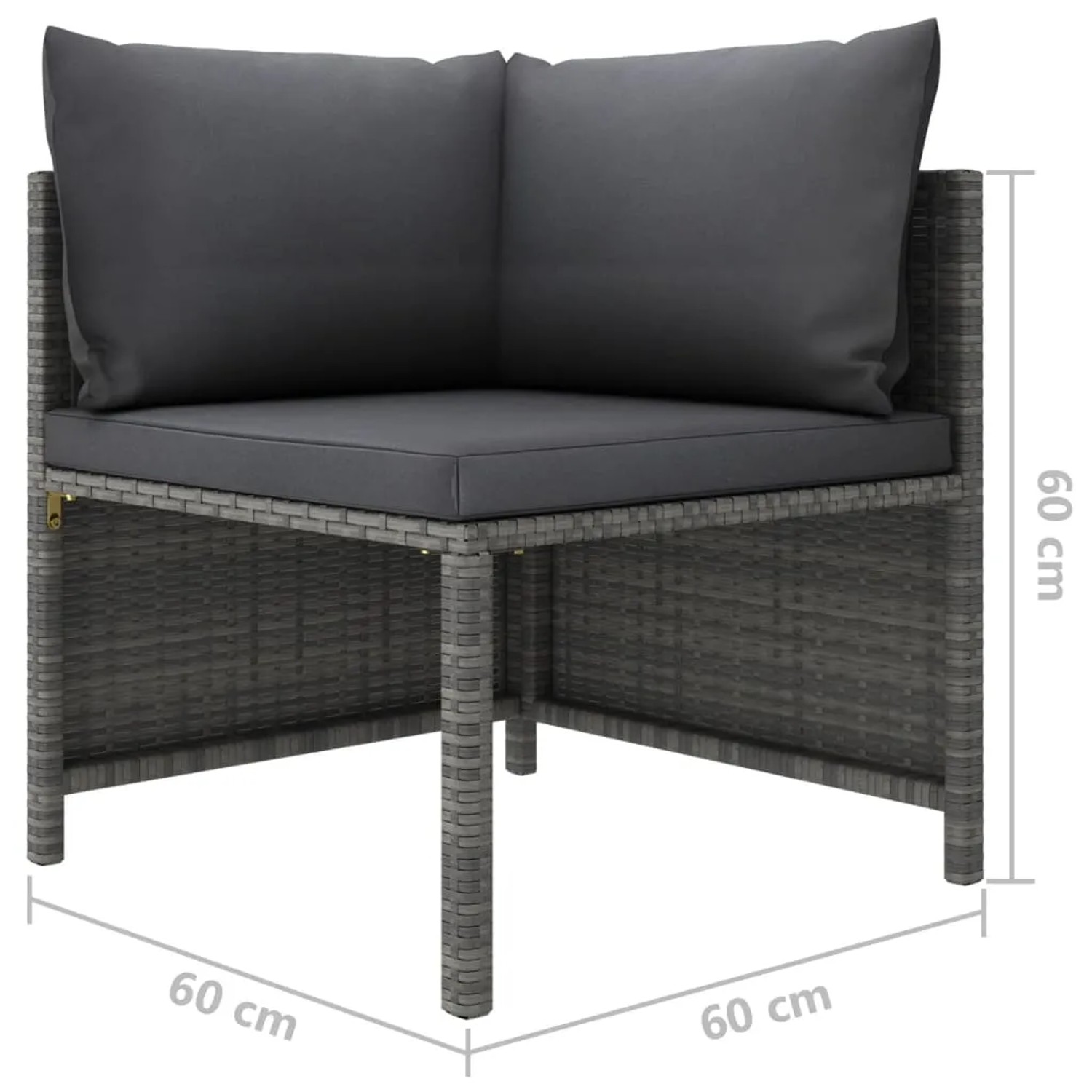 Graues vidaXL Gartenmöbel-Set Eckteil aus Rattan mit anthrazitfarbenen Kissen, 60x60 cm.