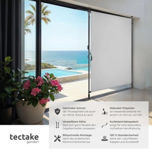 Hellgraue Tectake Klemmmarkise 100x310 cm für Balkon & Terrasse, mit UV-Schutz und Kurbel.