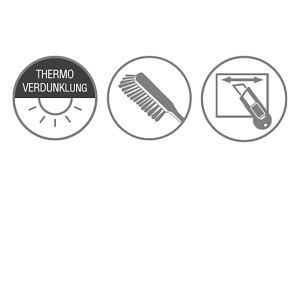 Symbole für Verdunklung, Reinigung und Zuschnitt des Gardinia EasyFix Thermo Rollos.