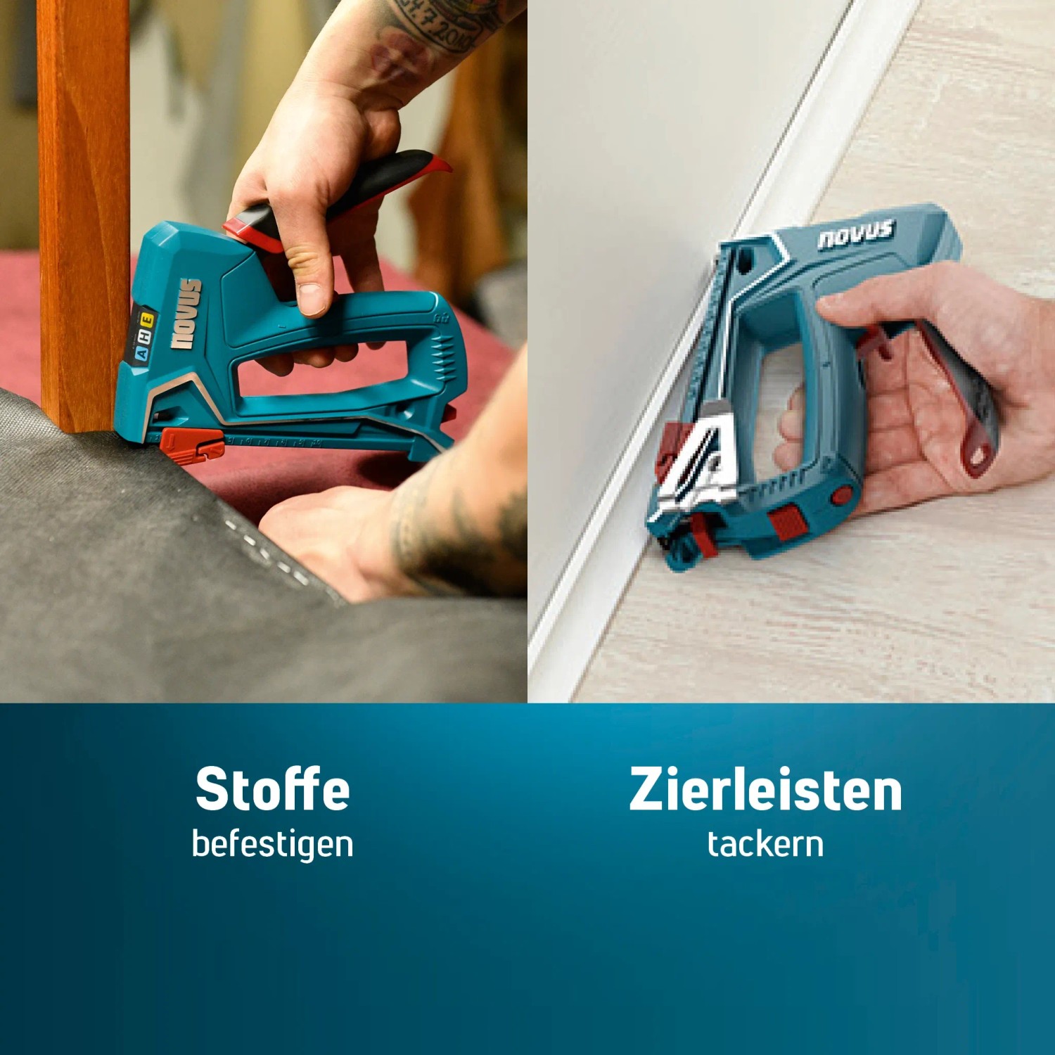 Novus J-50 Handtacker in Aktion: Stoffe befestigen und Zierleisten tackern.