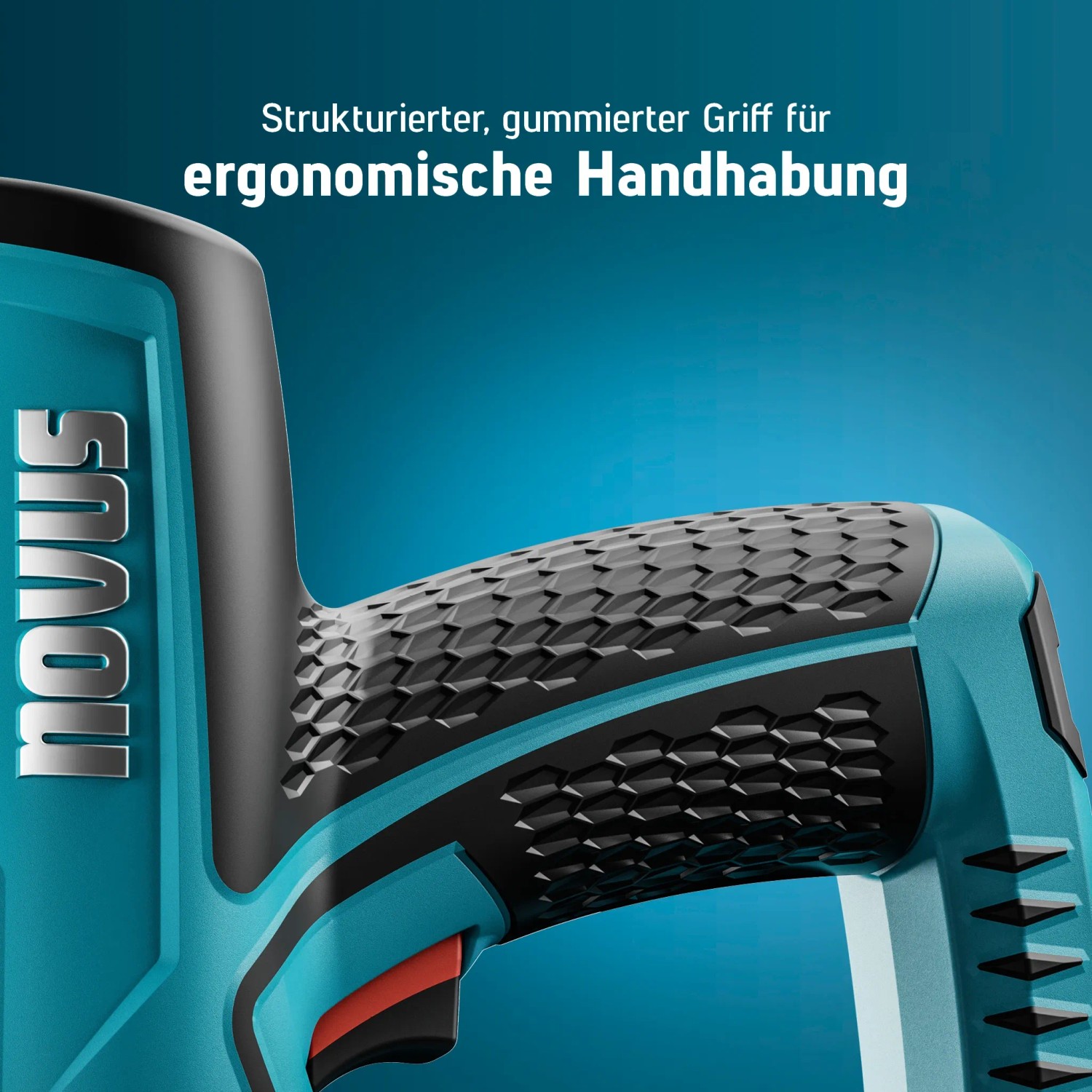 Detailaufnahme Novus Tools Elektrotacker J-151: Ergonomischer, gummierter Griff für sicheren Halt.