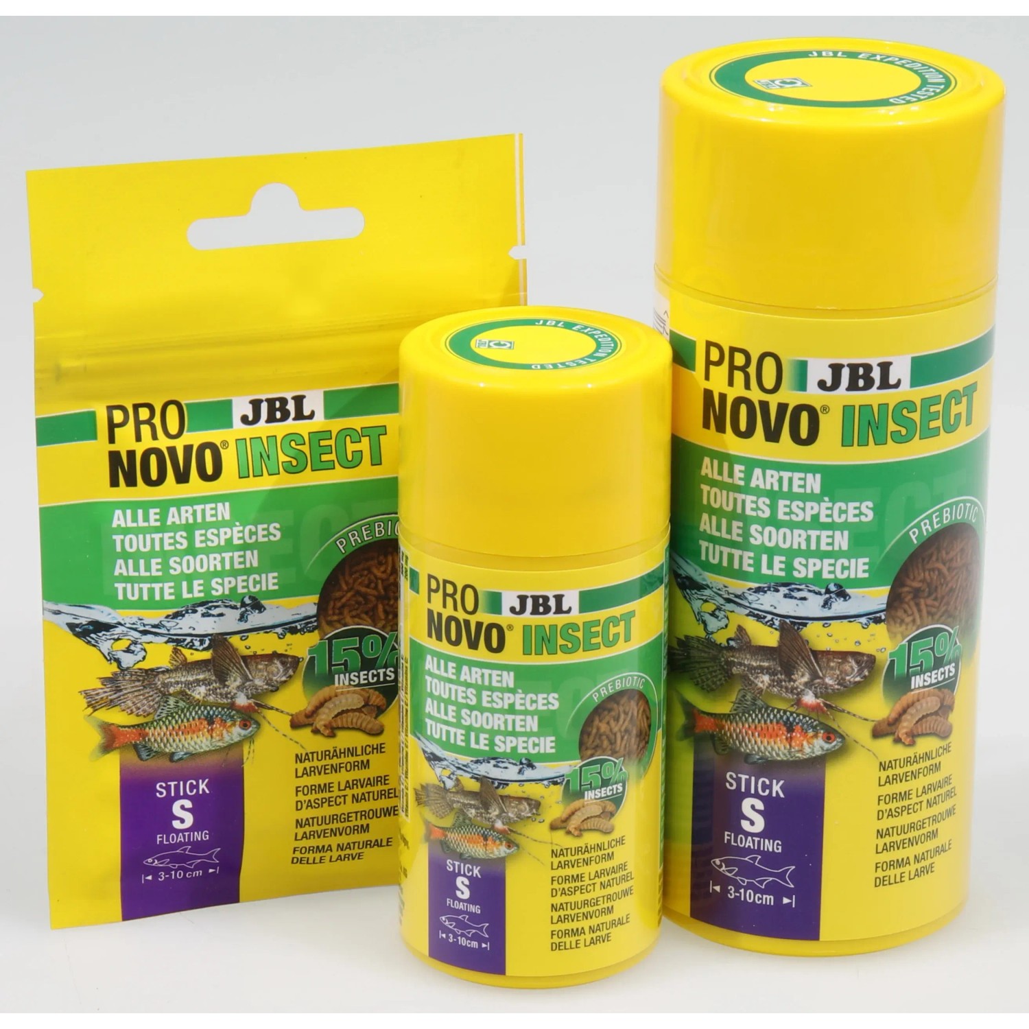 JBL Pronovo Insect Stick S Fischfutter für Aquarienfische, 250ml Dose und Beutel.