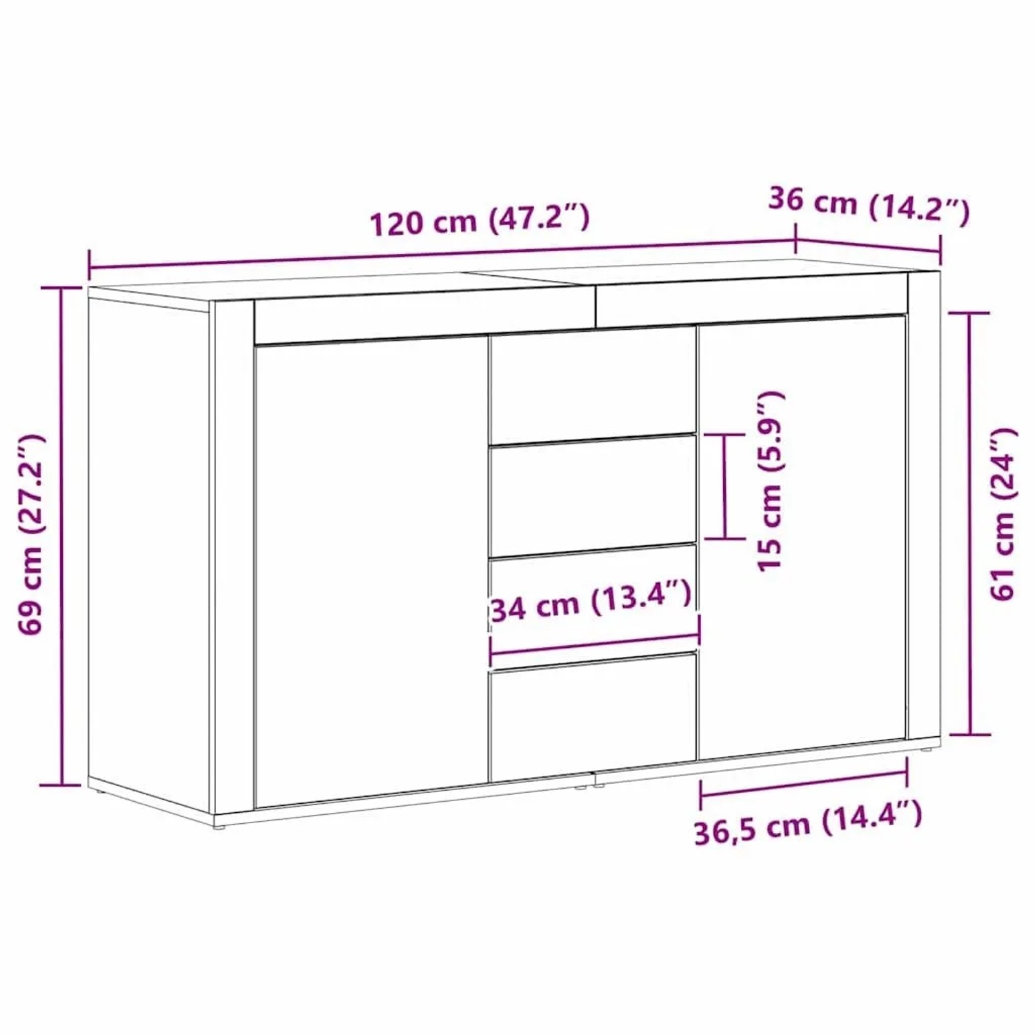 vidaXL Sideboard mit Schubladen Weiß 120 x 36 x 69 cm Holzwerkstoff 3333856_12