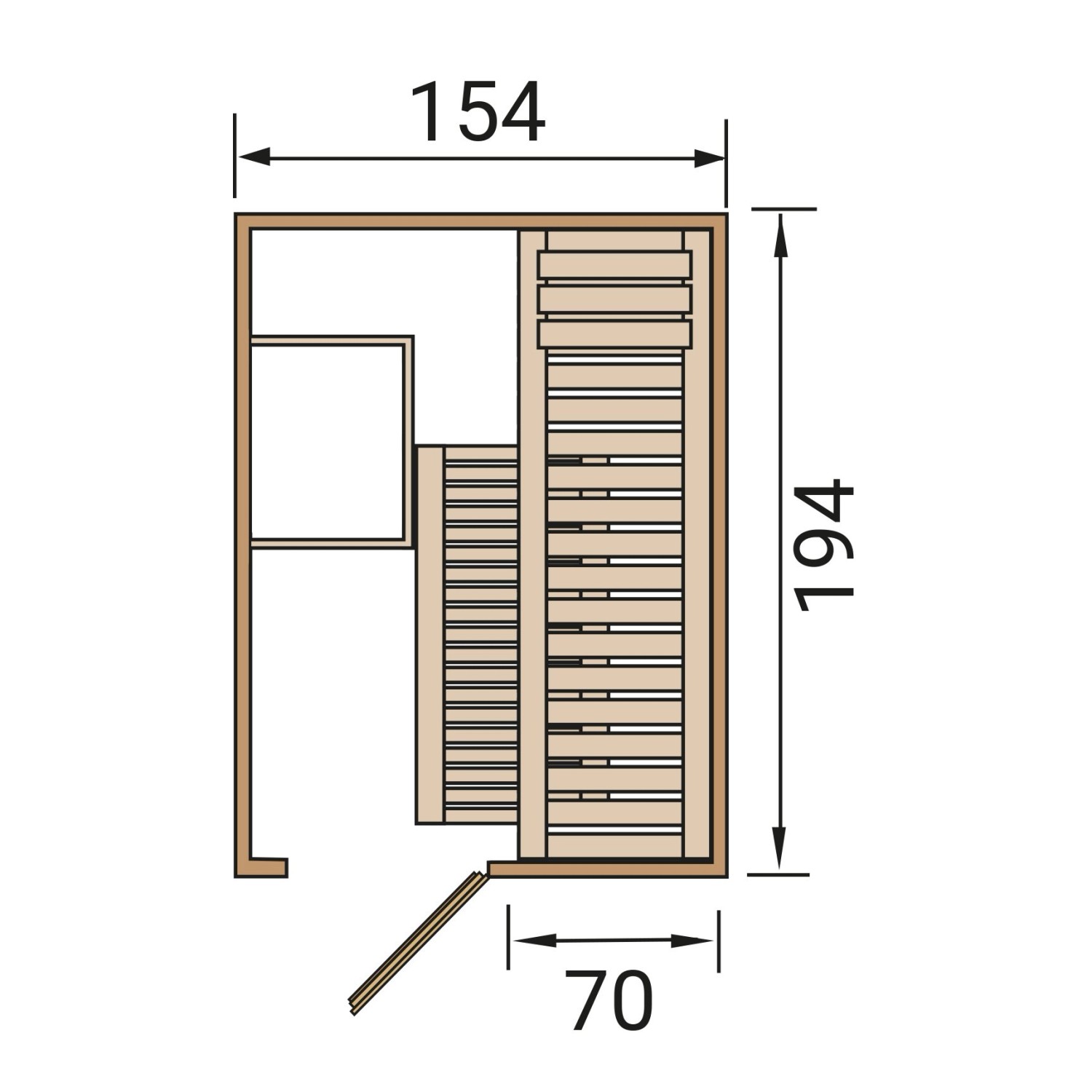 Skizze der Weka Elementsauna Kaarina 1: Maße 154x194x70cm, Türöffnung, Bänke. Ideal für kleine Räume.