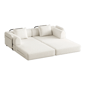 Beiges Chenille Schlafsofa, 2-Sitzer, ausgeklappt als Bett, mit Armlehne und Stauraum.
