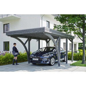 Schiefergraues Friesland Carport Set 6 (314x555cm) mit Auto und Person vor einem Haus.