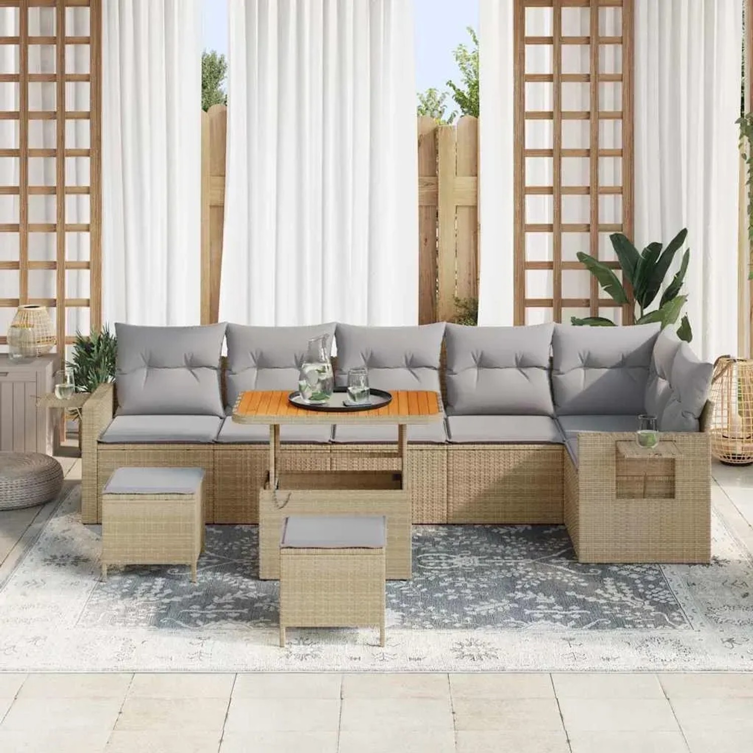 Beiges 9-teiliges vidaXL Garten-Sofa-Set aus Rattan mit Kissen und Akazienholz.