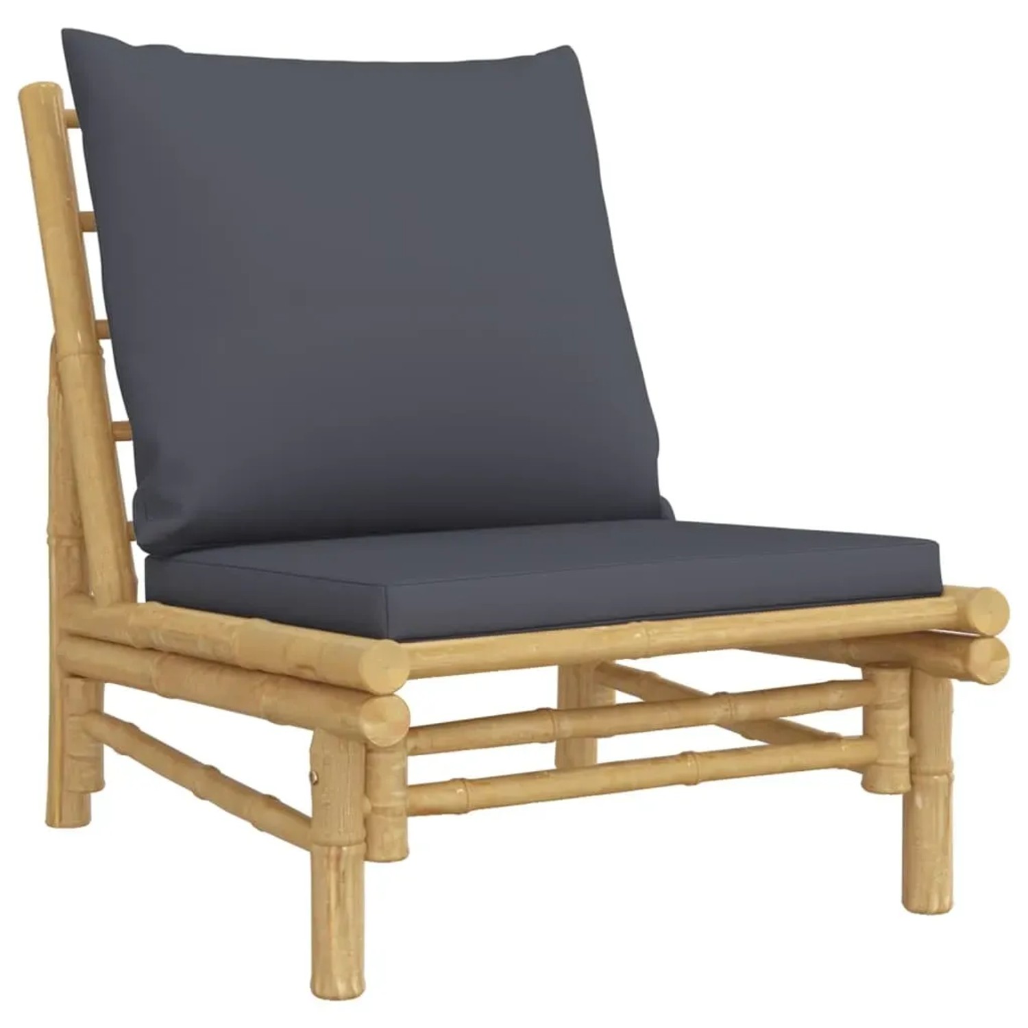 Gartenstuhl aus Bambus mit dunkelgrauen Kissen, Teil des vidaXL Lounge-Sets.