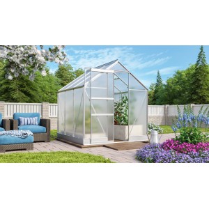 Vitavia Gewächshaus Apollo 3800 mit Zubehör-Set, Alu-Rahmen, Hohlkammerplatten, auf Terrasse mit Gartenmöbeln.